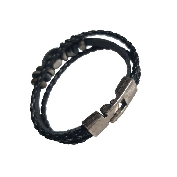 Braided Black Leather Bracelet Silver Wheel Charm Clasp Adjustable Jewelry Men - Picture 3 of 5